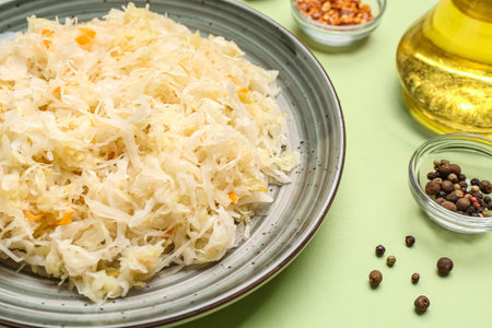 Plate with tasty sauerkraut with spices on green backgroundの写真素材
