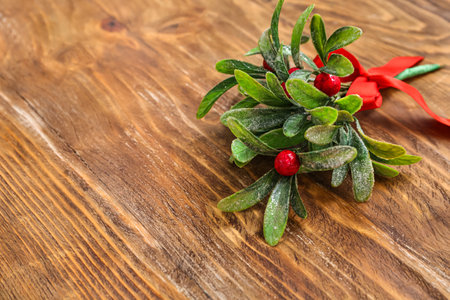 Mistletoe branch with ribbon on wooden backgroundの写真素材