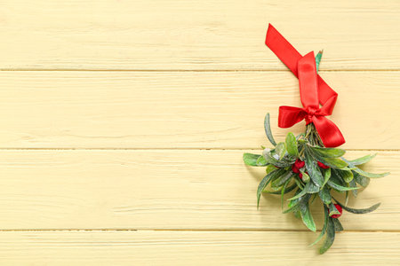 Mistletoe branch with ribbon on yellow wooden backgroundの写真素材