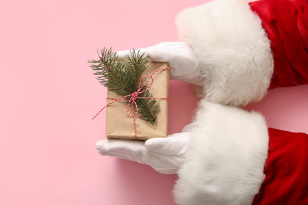 Santa hands with gift box on pink background, closeupの写真素材