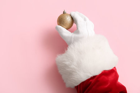 Santa hand with Christmas ball on pink background, closeupの写真素材