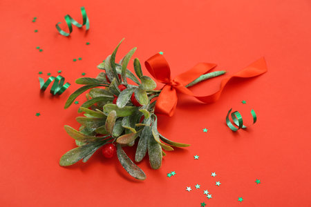 Mistletoe branch with Christmas decorations on red background