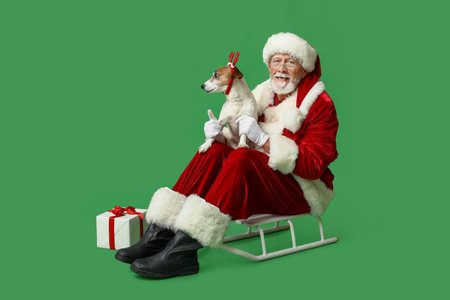 Santa Claus with cute Jack Russell Terrier dog in reindeer horns and Christmas gift box on sled against green backgroundの写真素材