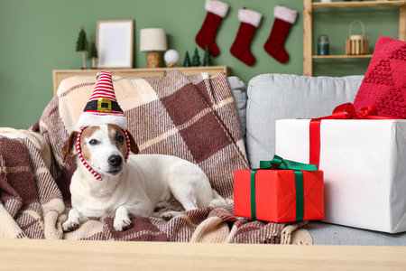 Cute Jack Russell Terrier dog in Elf hat headband with Christmas gift boxes on sofa at homeの写真素材