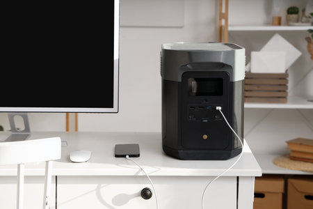 Comfortable workspace with modern computer and portable power stationの写真素材