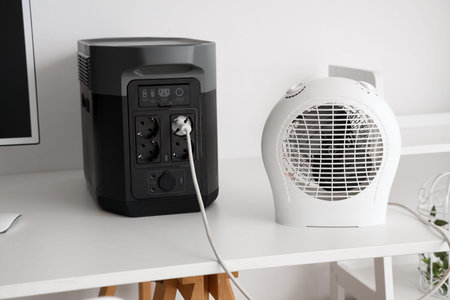 Electric fan heater plugged in portable power station on white table, closeupの写真素材