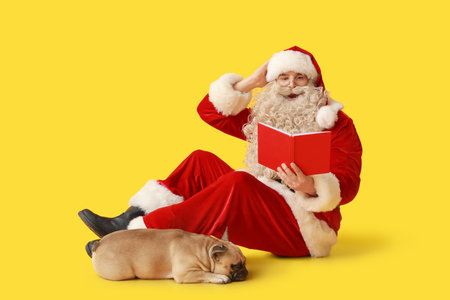 Shocked Santa Claus with cute French bulldog reading book on yellow backgroundの写真素材