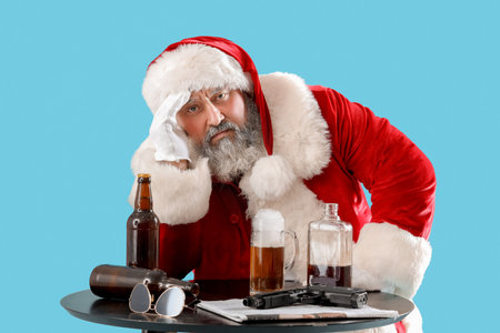 Drunk Santa Claus at table with beer on blue backgroundの写真素材