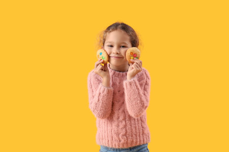 Cute little girl with tasty cookie on yellow backgroundの写真素材