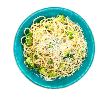 Plate of tasty pasta with broccoli and cheese on white backgroundの写真素材