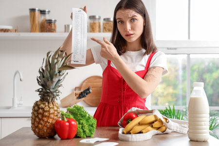 Young woman with food pointing at store receipt in kitchen. Price rise conceptの写真素材