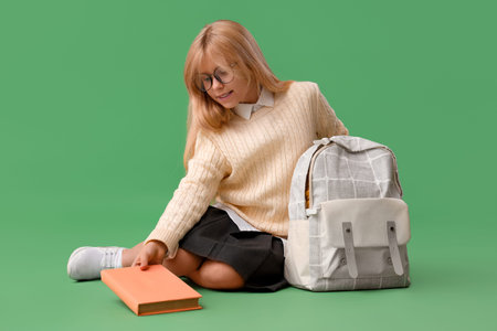Little schoolgirl with book and backpack sitting on green background