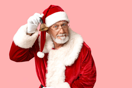 Santa Claus in glasses with Christmas bell on pink backgroundの写真素材