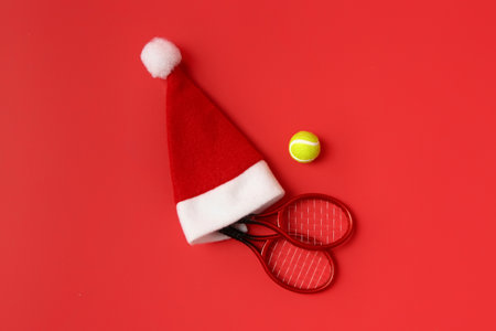 Composition with mini tennis rackets, ball and Santa hat on red backgroundの写真素材