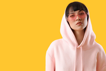 Beautiful young stylish woman in sunglasses on yellow backgroundの写真素材