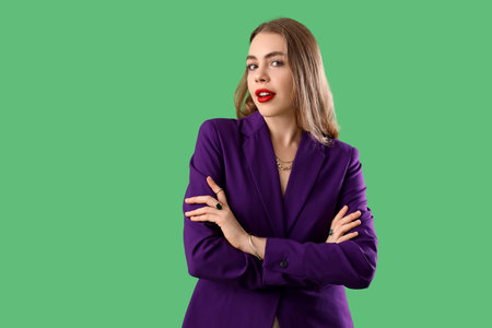 Beautiful stylish woman with red lipstick on green backgroundの写真素材