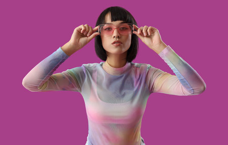 Beautiful young stylish woman in sunglasses on purple background