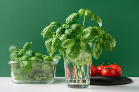 Glass of fresh green basil and board with tomatoes on white tableの写真素材