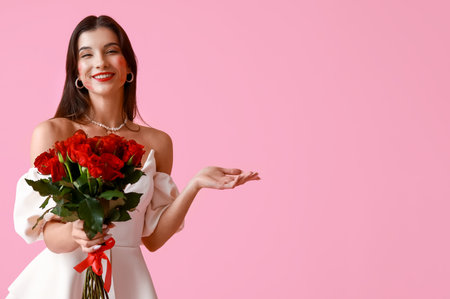 Happy young woman with kiss marks on her face and bouquet of roses on pink backgroundの写真素材