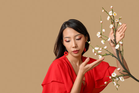 Beautiful young Asian woman with branch of sakura on brown background. Chinese New Year celebrationの写真素材