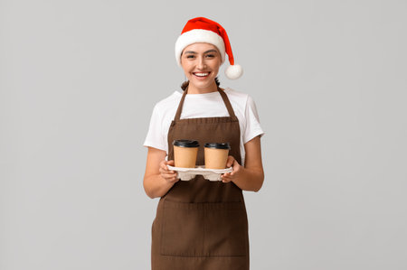 Beautiful female barista in Santa hat with cups of coffee on gray backgroundの写真素材