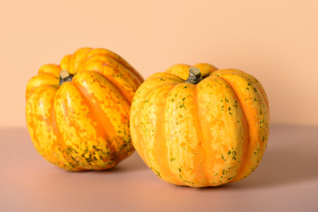 Fresh pumpkins on beige backgroundの写真素材