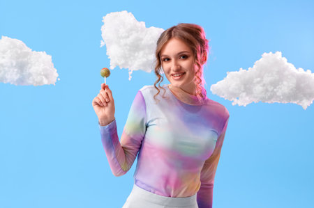 Young woman with lollipop and white clouds on blue backgroundの写真素材