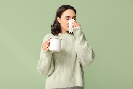 Sick young woman with cup of tea and tissue on green backgroundの写真素材