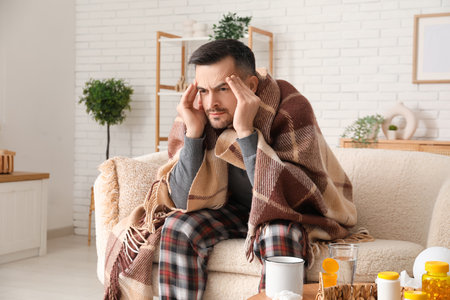Sick young man with plaid sitting at homeの写真素材