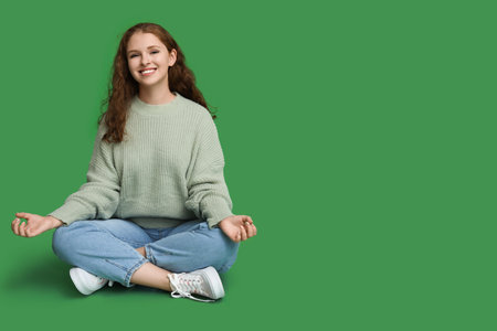 Portrait of relaxed young woman meditating on green backgroundの写真素材