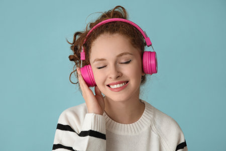 Portrait of relaxed young woman listening to music on blue backgroundの写真素材