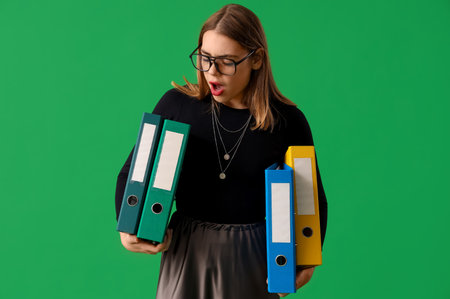 Stressed businesswoman with document folders on green backgroundの写真素材