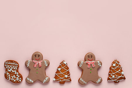 Gingerbread cookies on beige backgroundの写真素材