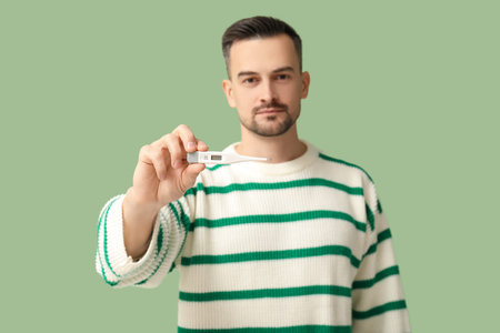 Sick young man with thermometer on green background, closeup