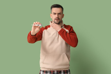 Sick young man with thermometer on green backgroundの写真素材