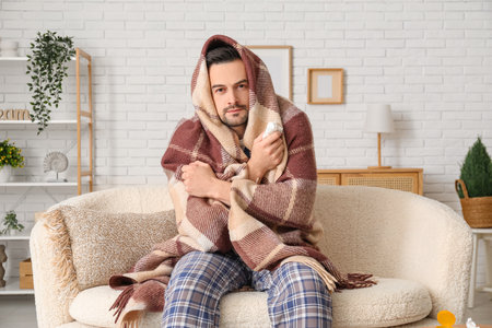 Sick young man with plaid sitting on sofa at homeの写真素材