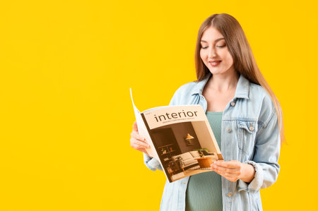 Beautiful young happy pregnant woman with magazine on yellow backgroundの写真素材