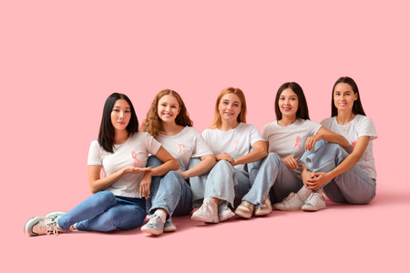 Beautiful women with pink ribbons sitting on color background. Breast cancer awareness conceptの写真素材