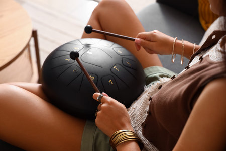 Young woman with sticks playing glucophone on sofa at home, closeup