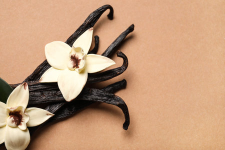 Aromatic vanilla sticks and flowers on brown background
