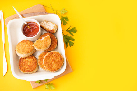 Baking dish of tasty meat cutlets on yellow backgroundの写真素材