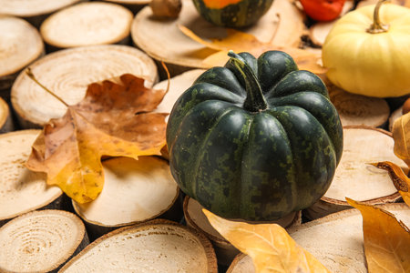 Composition with pumpkins and autumn leaves on wood round slices backgroundの写真素材