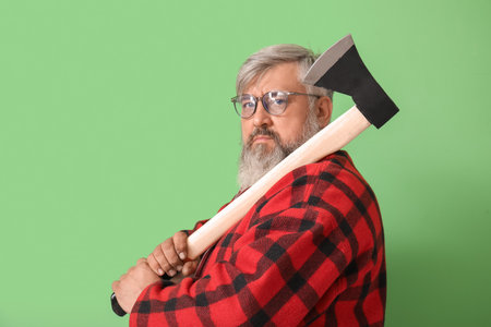 Portrait of mature lumberjack with ax on green backgroundの写真素材