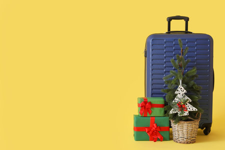 Suitcase with Christmas tree and presents on yellow backgroundの写真素材