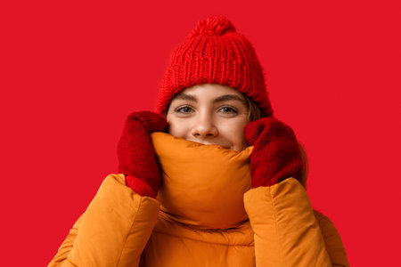 Frozen young happy woman in warm winter clothes on red backgroundの写真素材