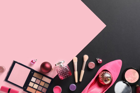 Christmas composition with cosmetics on color backgroundの写真素材