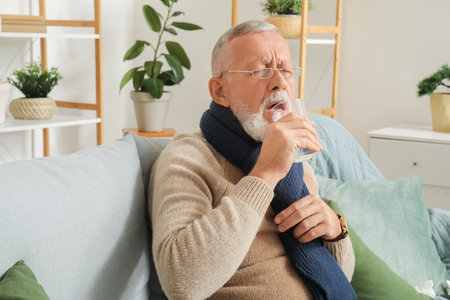 Sick mature man drinking water at home