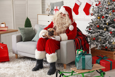 Santa Claus with cute French bulldog in room decorated for Christmasの写真素材