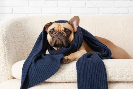 Cute French bulldog with scarf on sofa at homeの写真素材