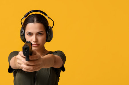 Confident young female soldier with handgun on yellow background, closeupの写真素材